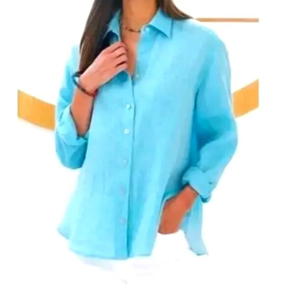 Lord and Taylor Light Aqua Blue 100% Linen Long Sleeve Collar Top Women Size S/P - Picture 1 of 1